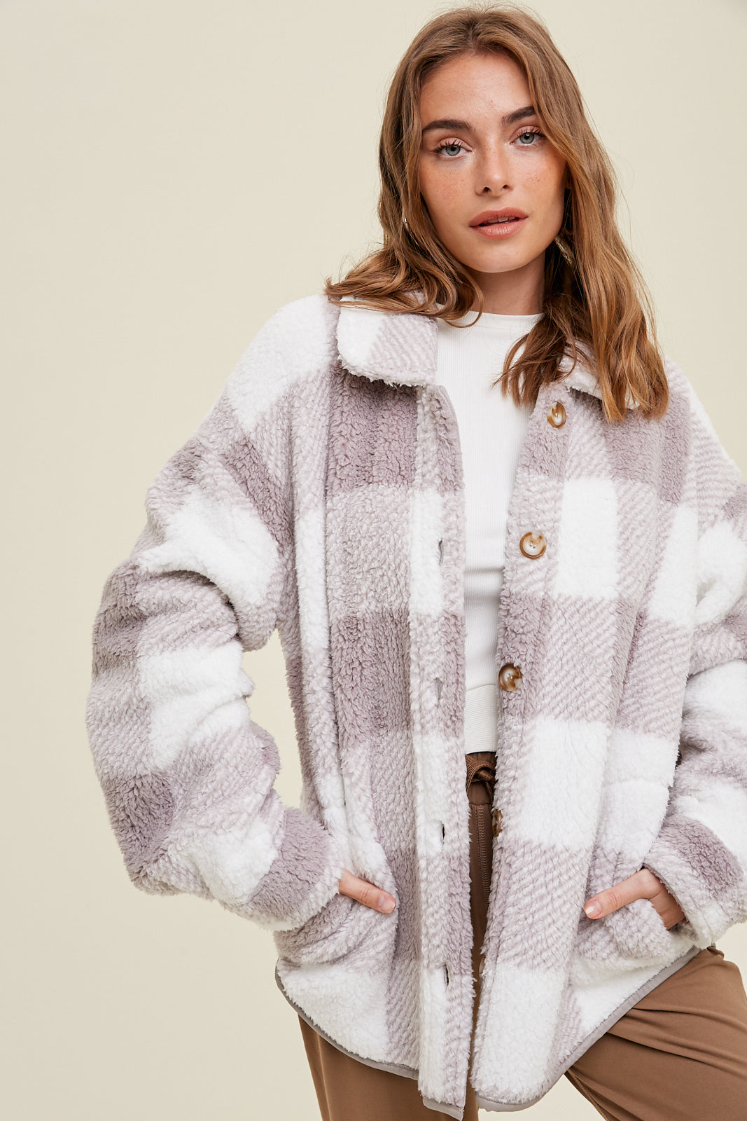 Plaid Sherpa Shacket- Cloud