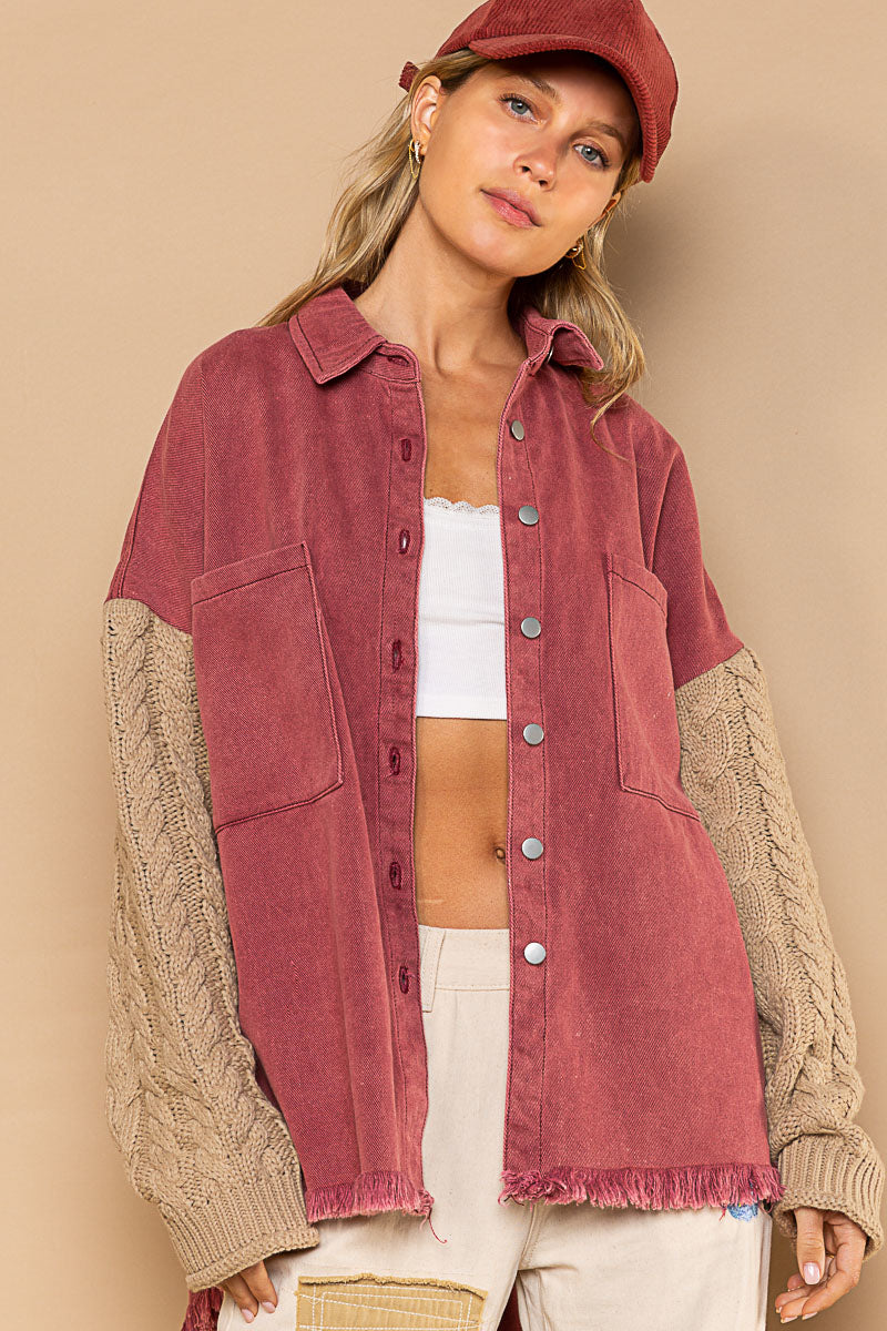 Sweater Sleeve Denim Jacket- Rose