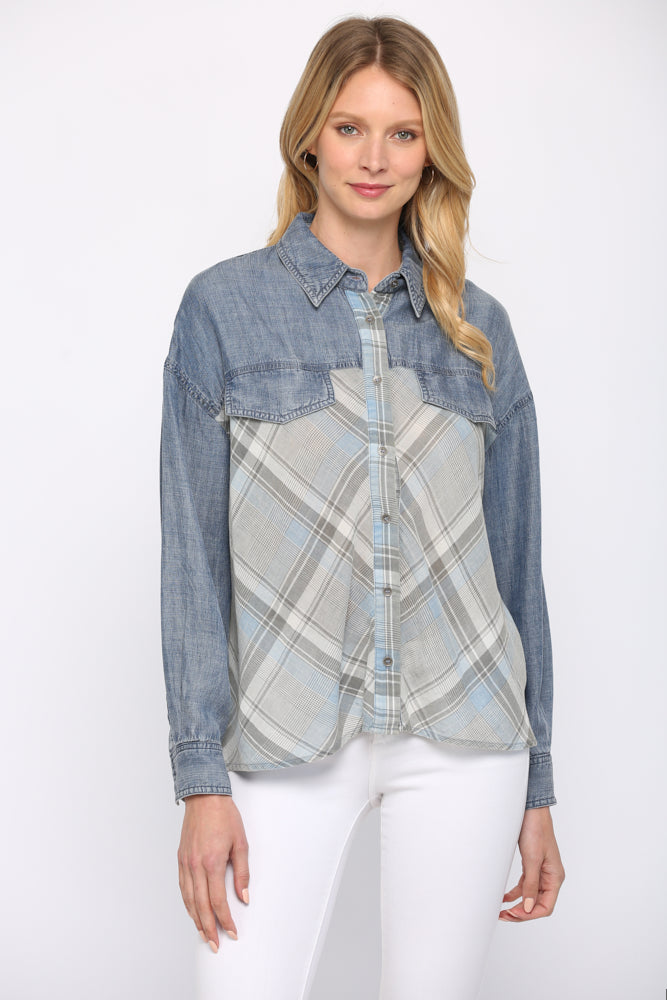 FATE® Tencel Denim Contrast Shirt with Back Gathering- Plaid