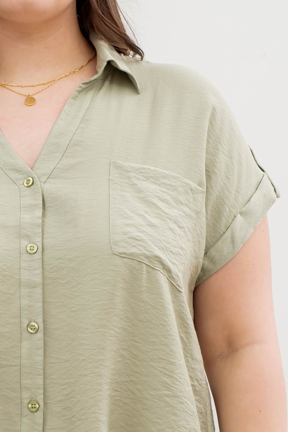 Tab Sleeve Button Down Top-Sage (Curvy)