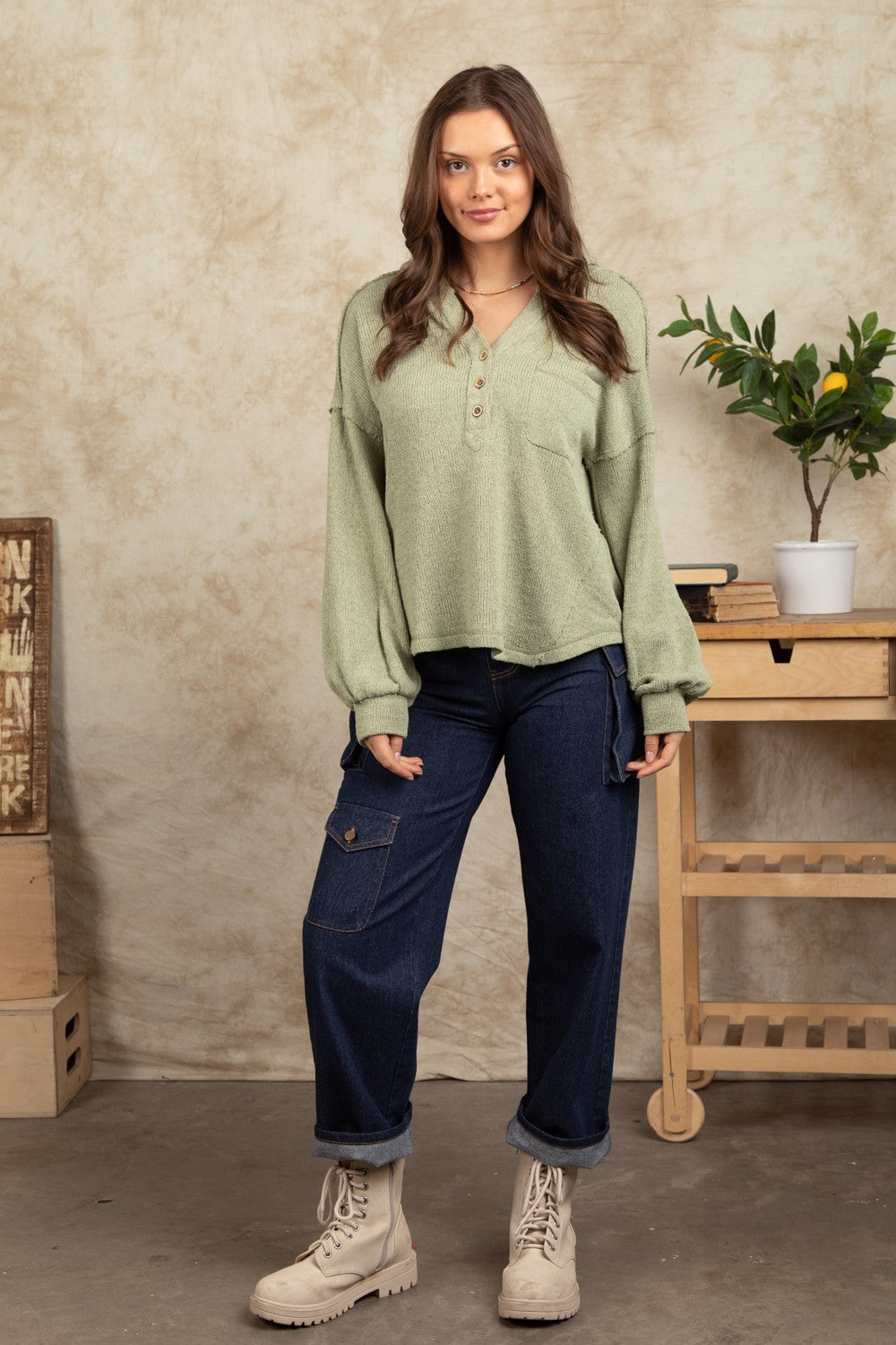 Button Down Hooded Knit Henley Top- Sage