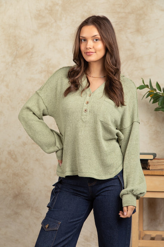 Button Down Hooded Knit Henley Top- Sage