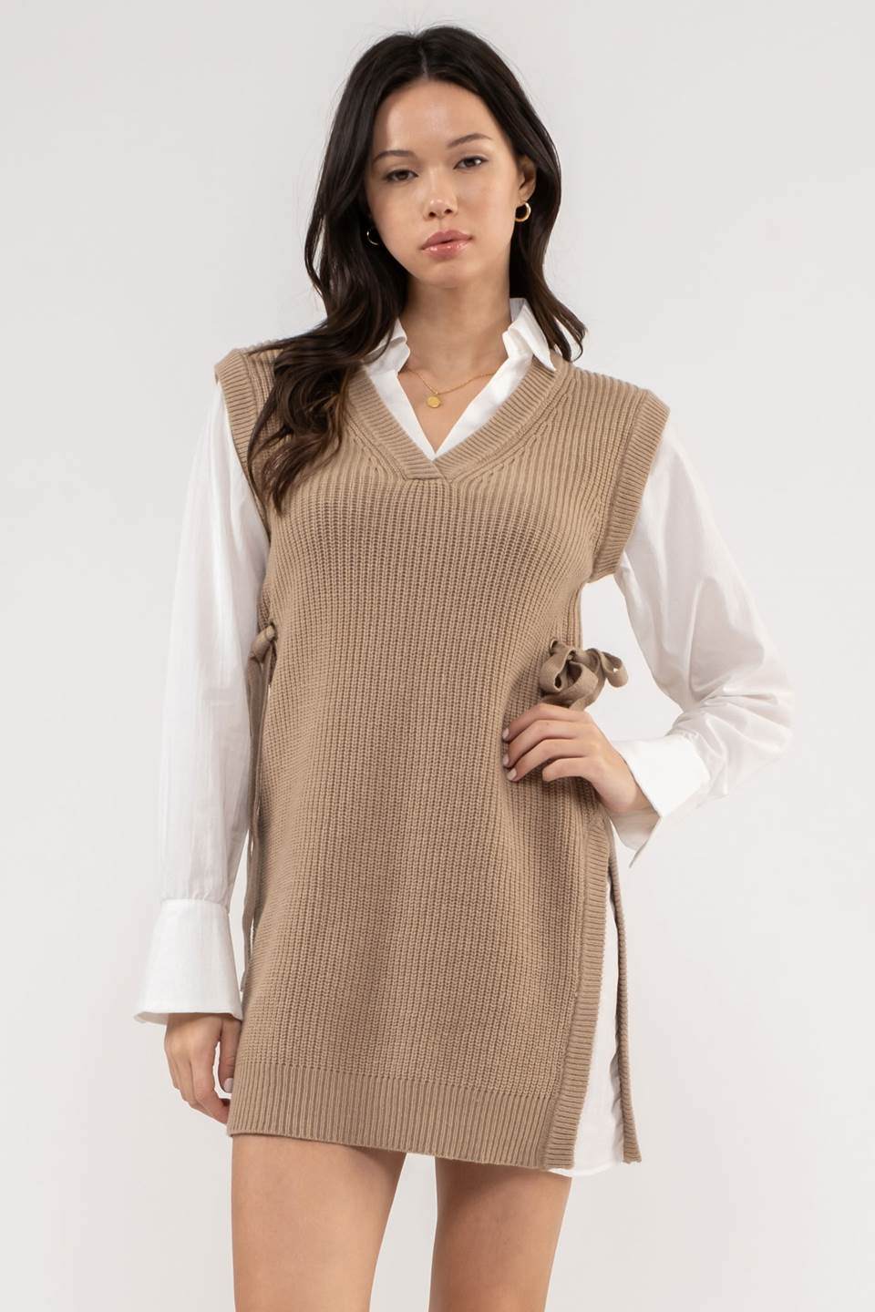 V Neck Layered Sweater Dress