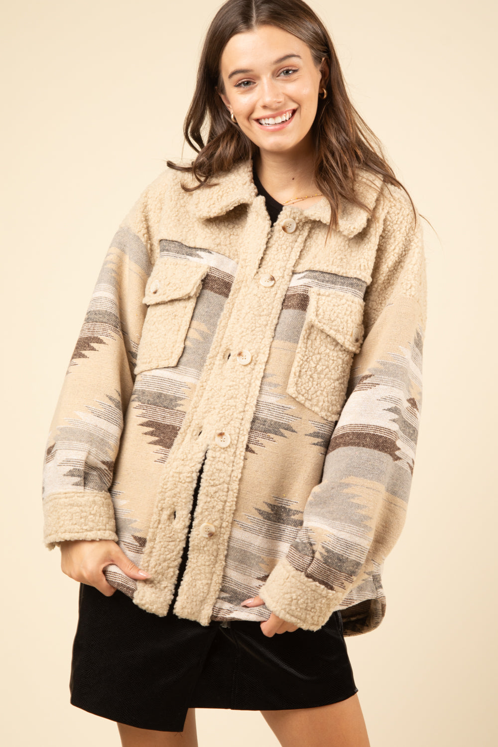 Aztec Graphic Oversize Sherpa Shacket