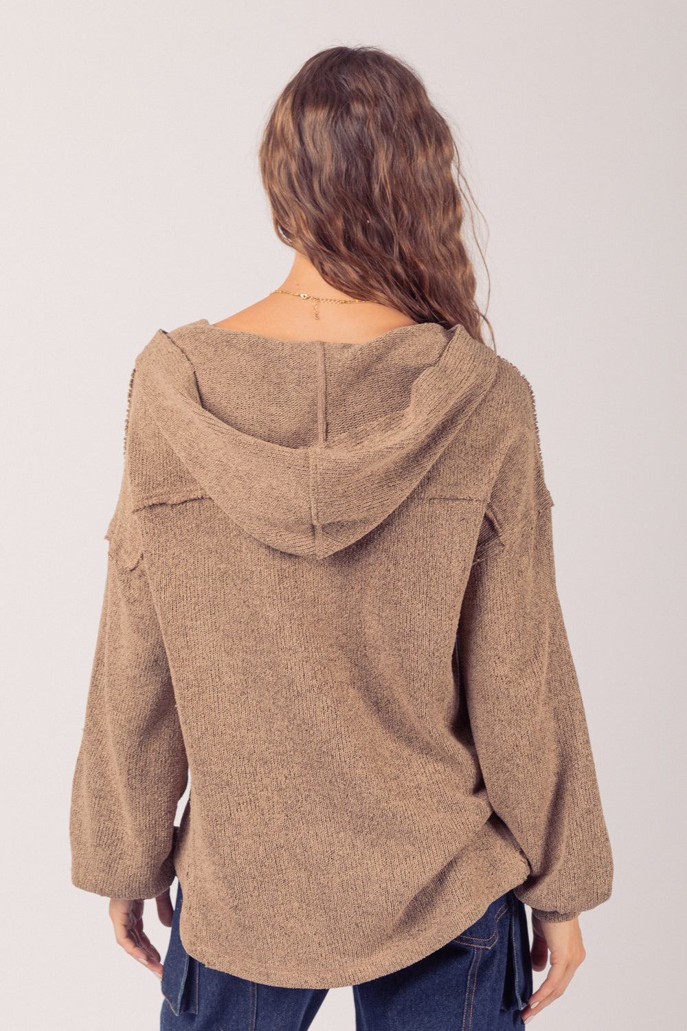 Button Down Hooded Knit Henley Top- Mocha