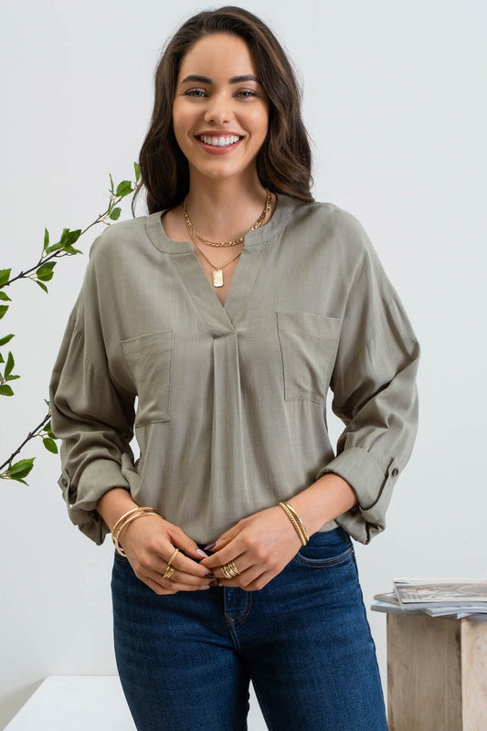 Split Neck Back Button Top