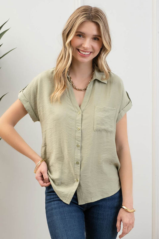 Tab Sleeve Button Down Top-Sage