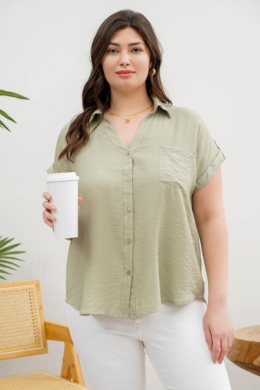 Tab Sleeve Button Down Top-Sage (Curvy)