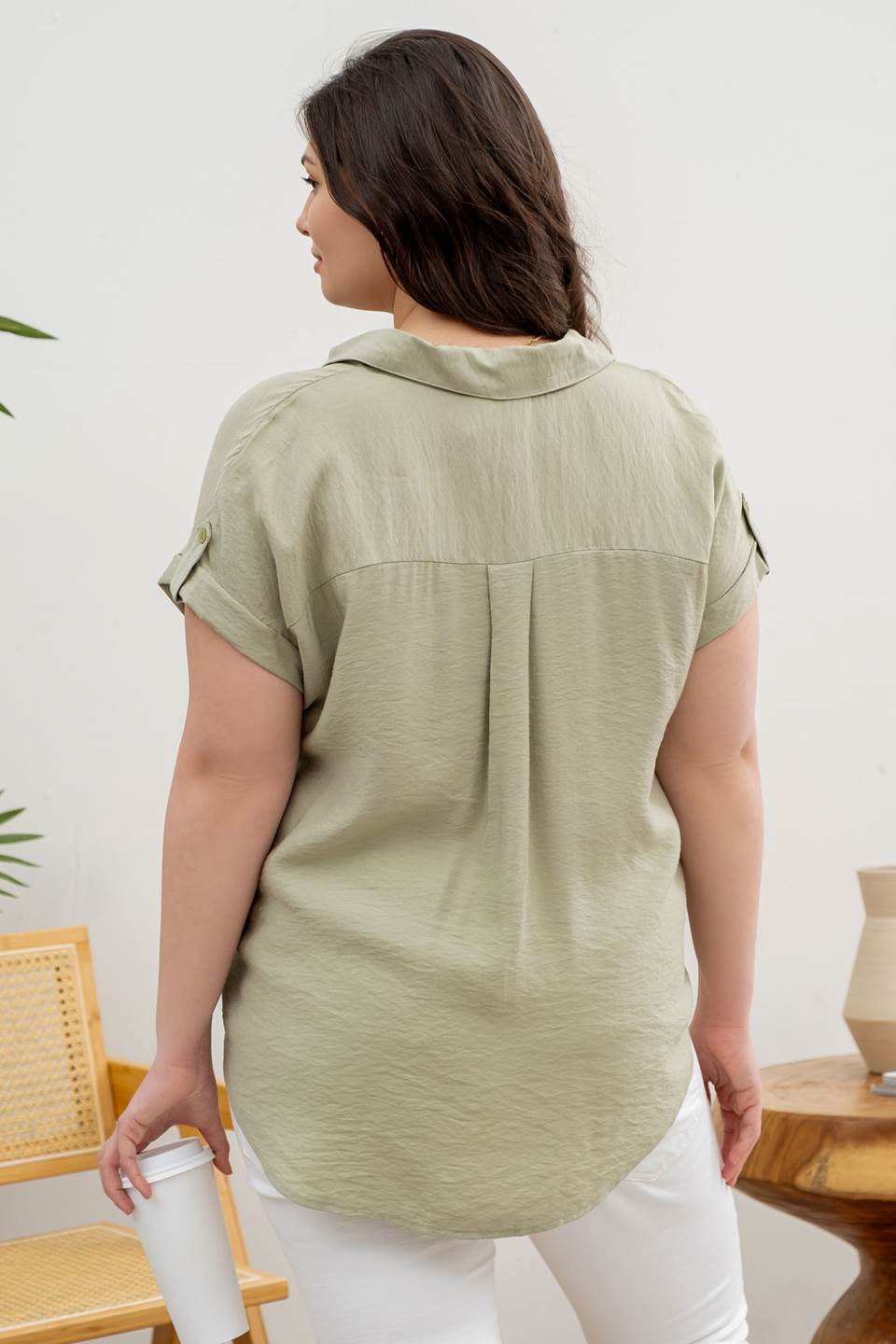 Tab Sleeve Button Down Top-Sage (Curvy)