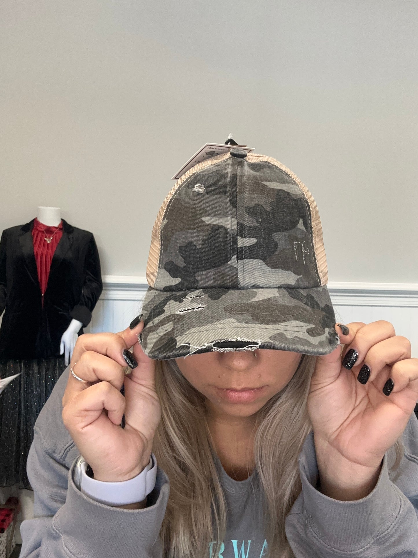 Vintage Black and Gray Camo PonyTail Hat