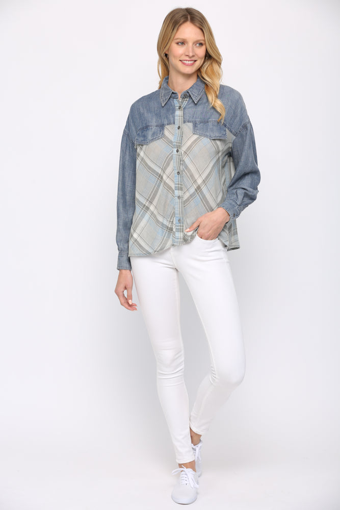 FATE® Tencel Denim Contrast Shirt with Back Gathering- Plaid