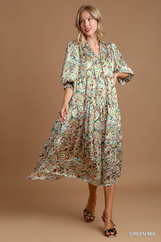 Satin Paisley Midi Dress with Ruffle Neck Tie