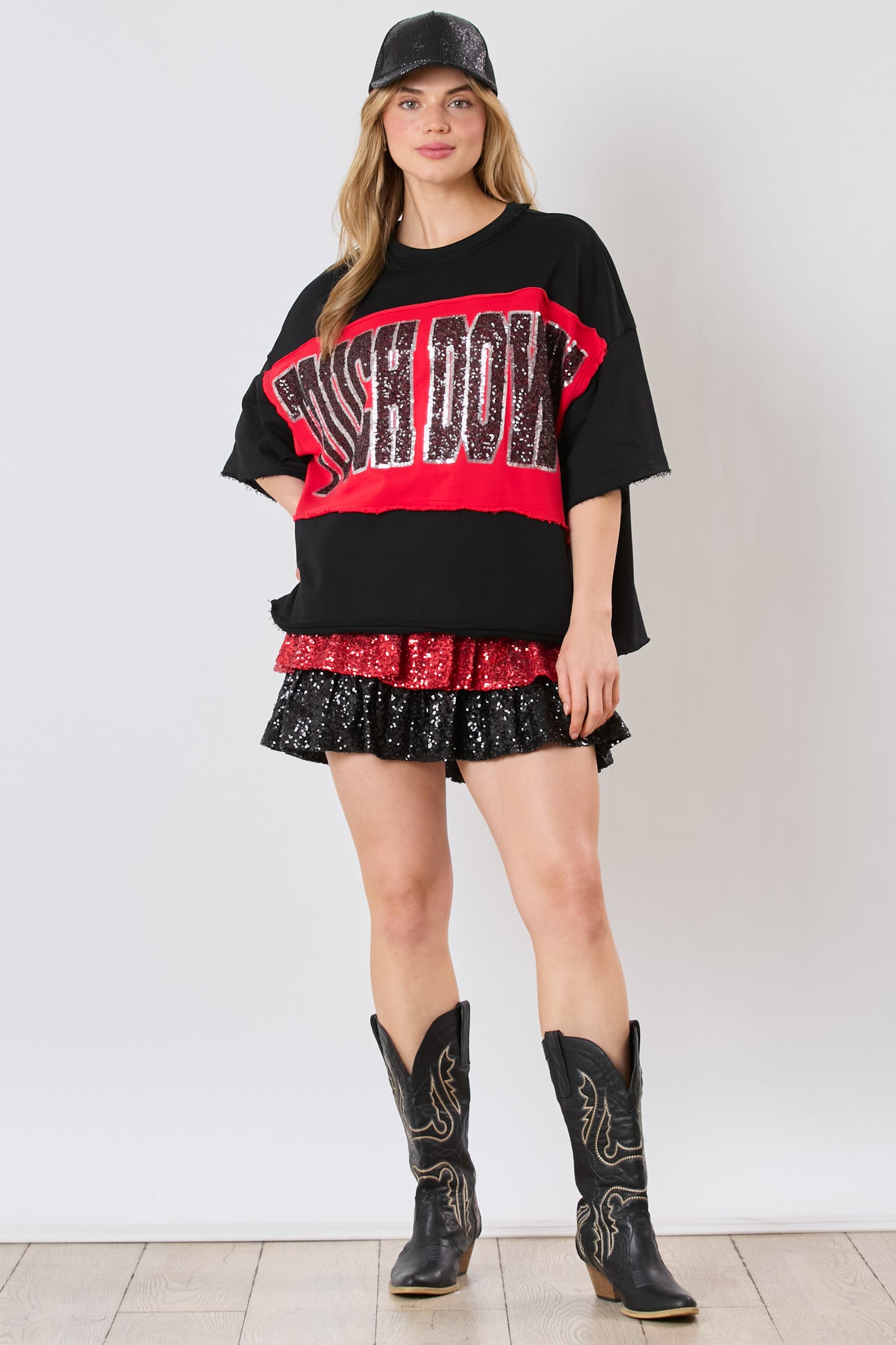 "TOUCHDOWN" Sequin Loose Fit top- Black and Red