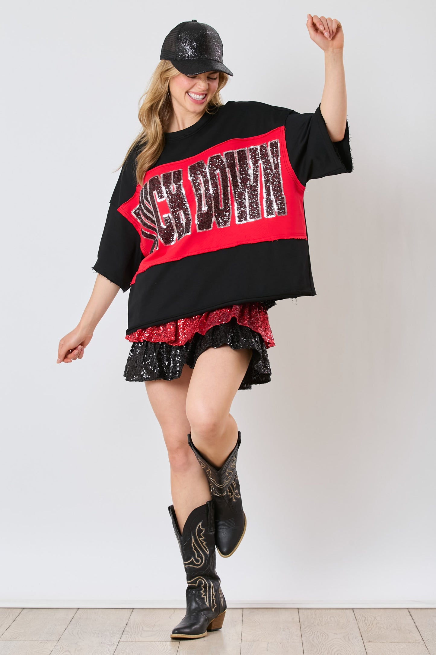 "TOUCHDOWN" Sequin Loose Fit top- Black and Red