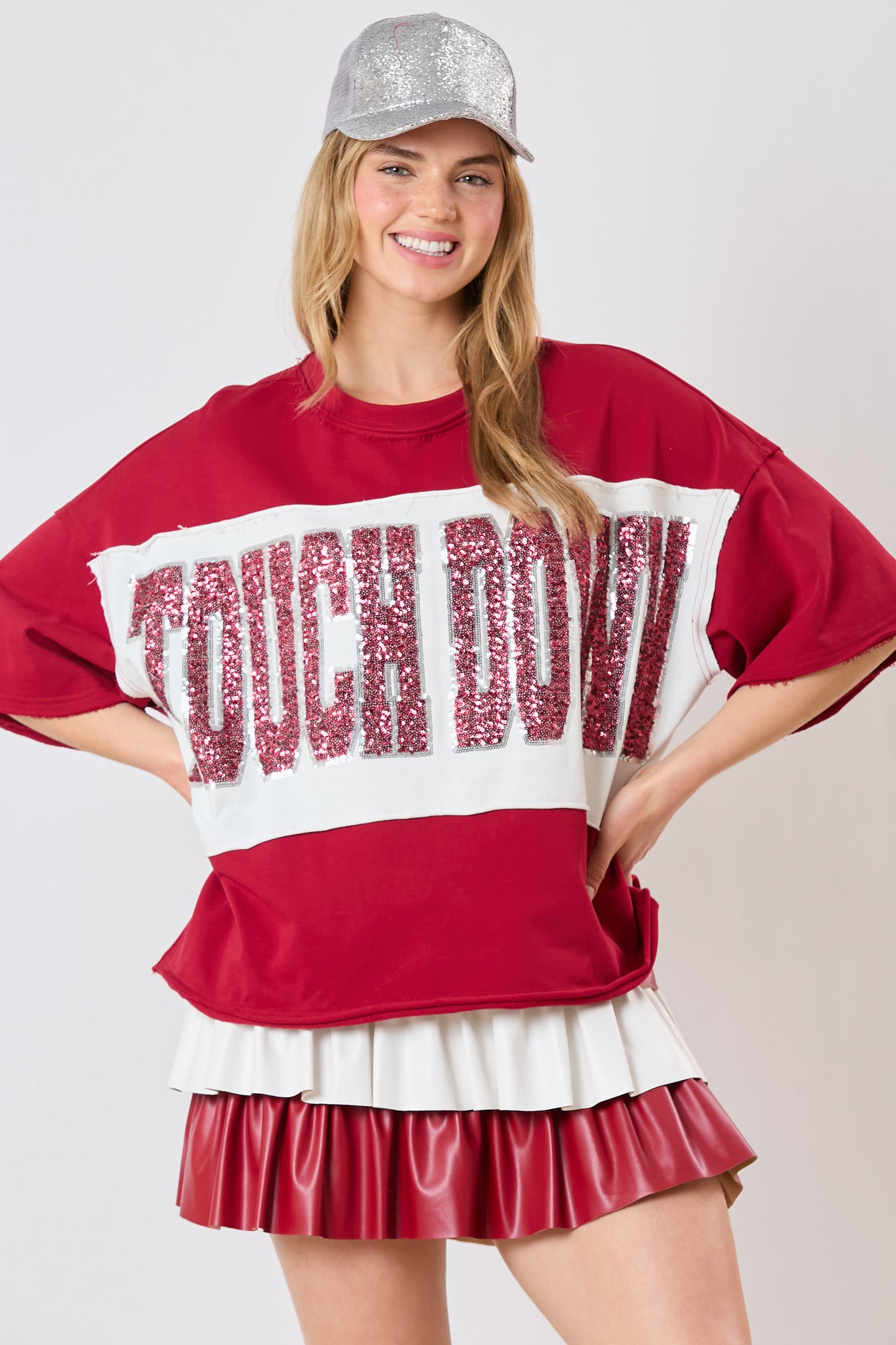 "TOUCHDOWN" Sequin Loose Fit top- Crimson and White