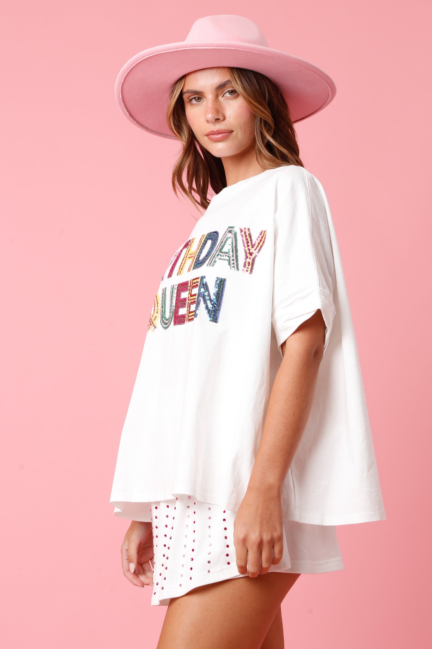 "Birthday Queen" Sequin loose Fit Tee- White