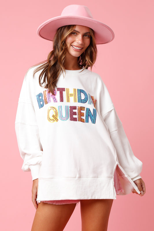 "Birthday Queen" Sequin loose Fit Crewneck- White