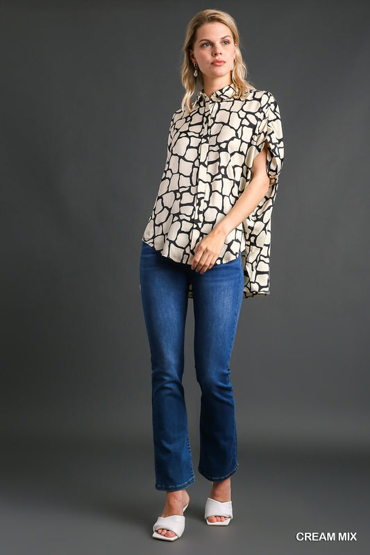 Collared Button Down Print Short Sleeve Top