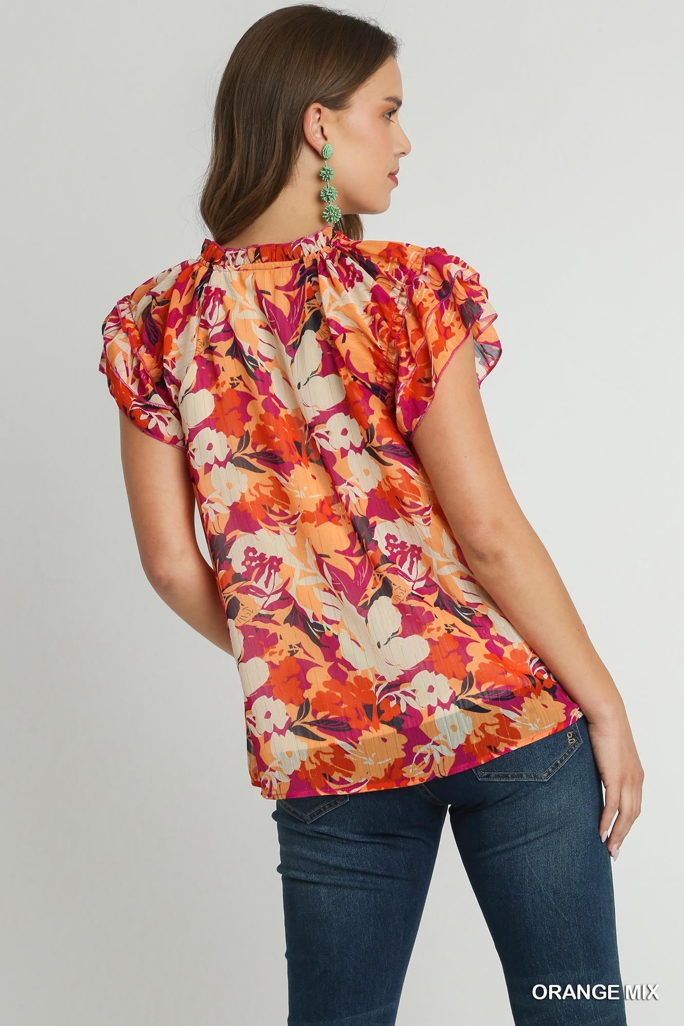 "Blooming Babe" Front Tie Blouse- Orange Mix