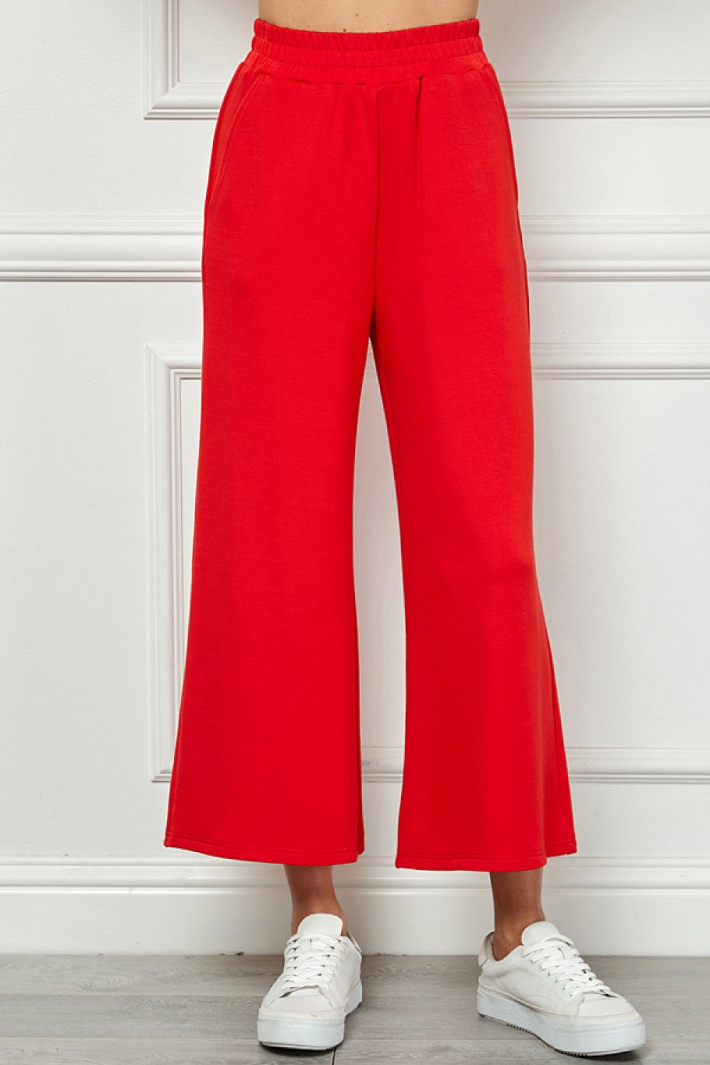 "Basic Life" Soft Cropped Wide Pants-Red