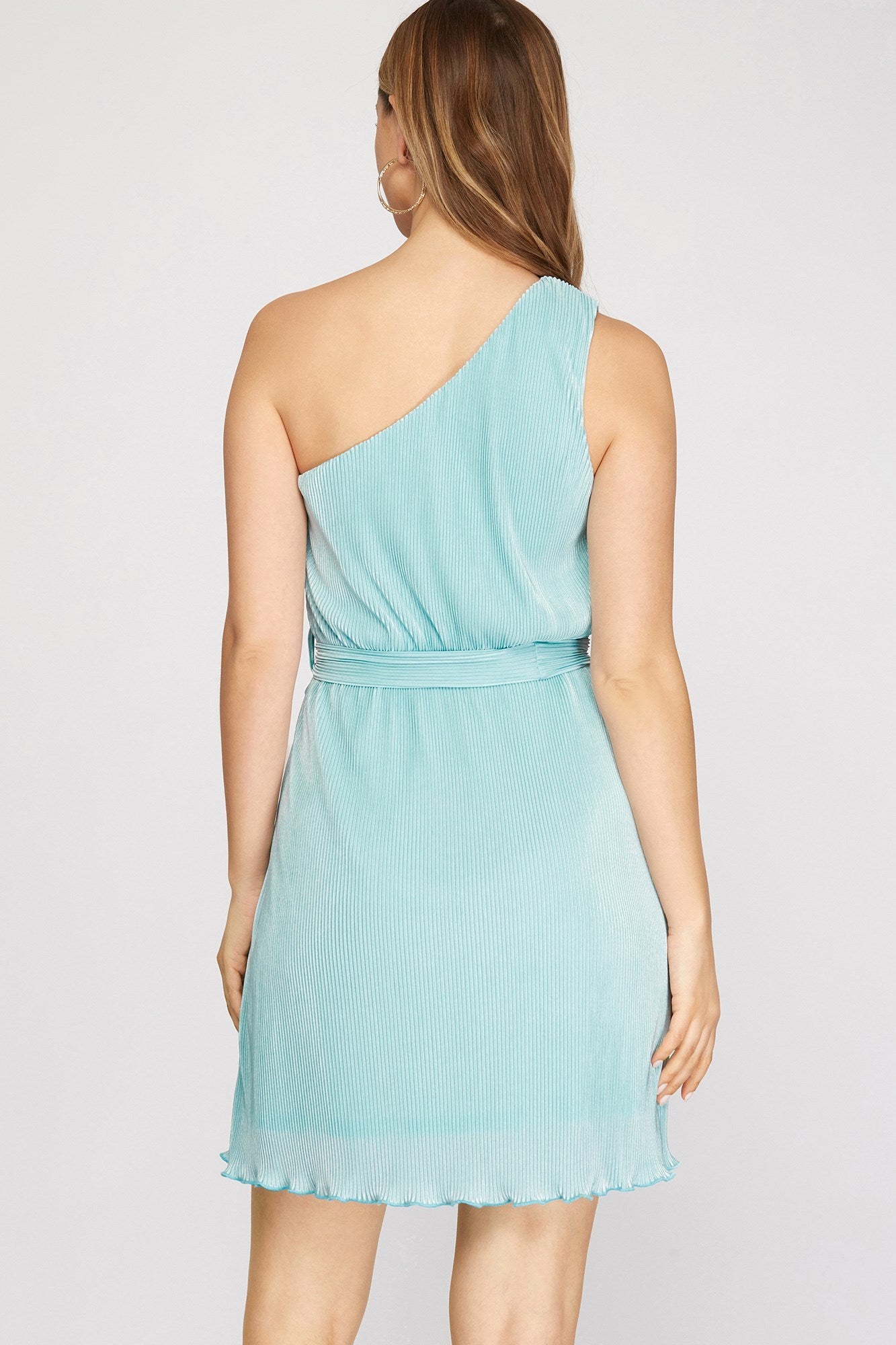 "Dainty Darling" One Shoulder Plisse Dress- Light Blue