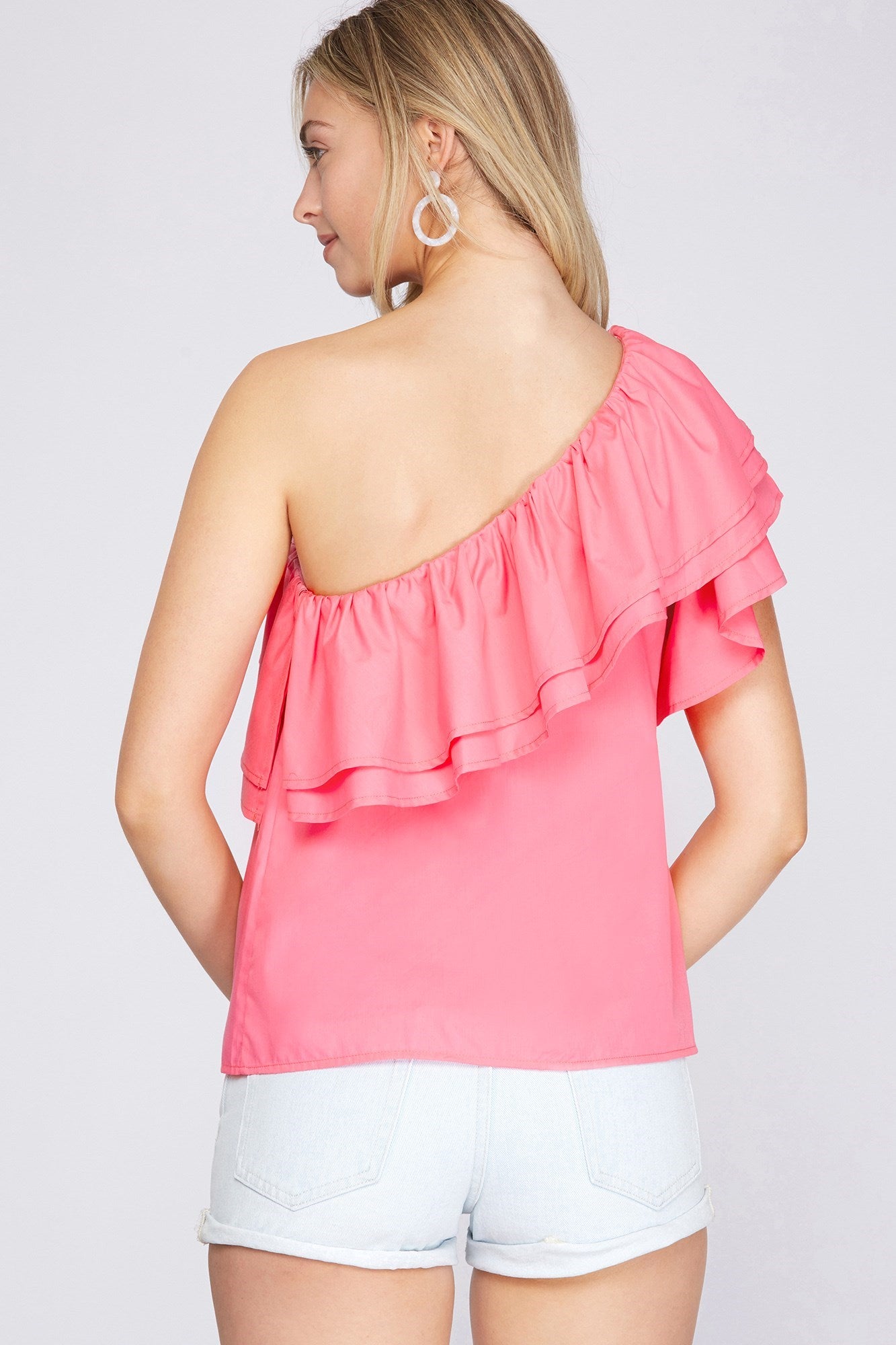 "Flirty Looks" Ruffle One Shoulder Top"- Pink