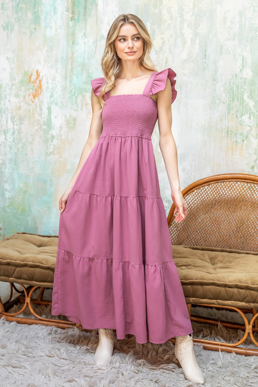 "Grace" Ruffled Sleeve Smocked Tiered Dress- Mauve