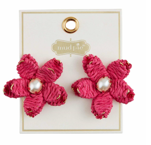 Raffia Flower Earrings- Pink