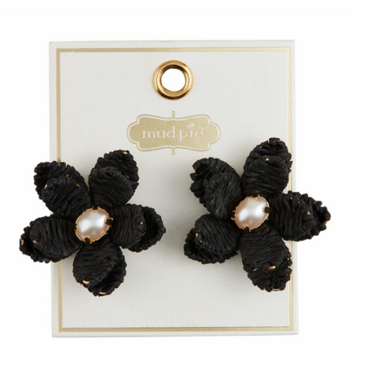 Raffia Flower Earrings- Black