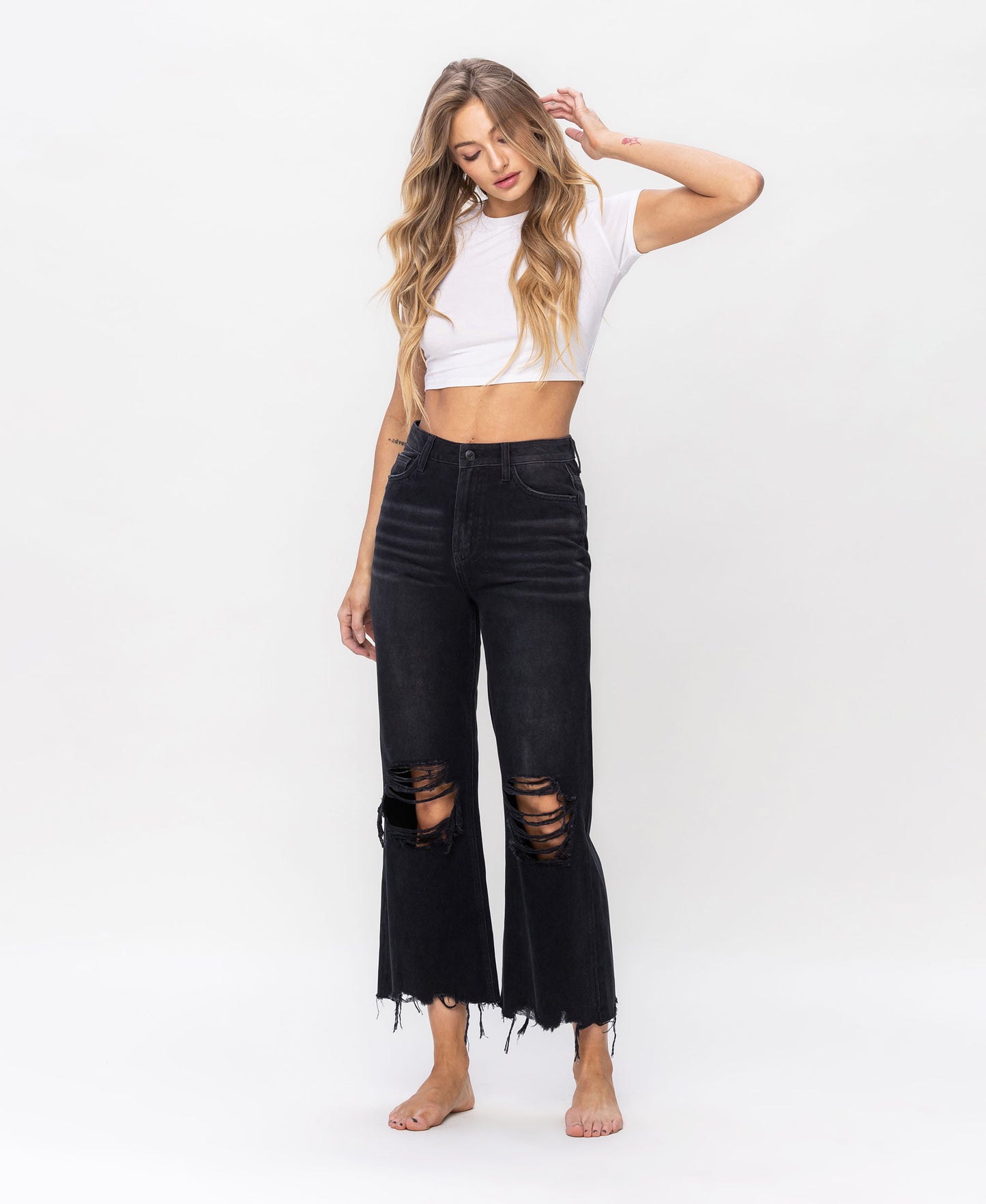 90S VINTAGE HIGH RISE CROP FLARE JEAN-Black