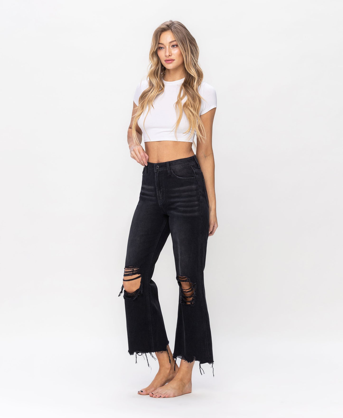 90S VINTAGE HIGH RISE CROP FLARE JEAN-Black