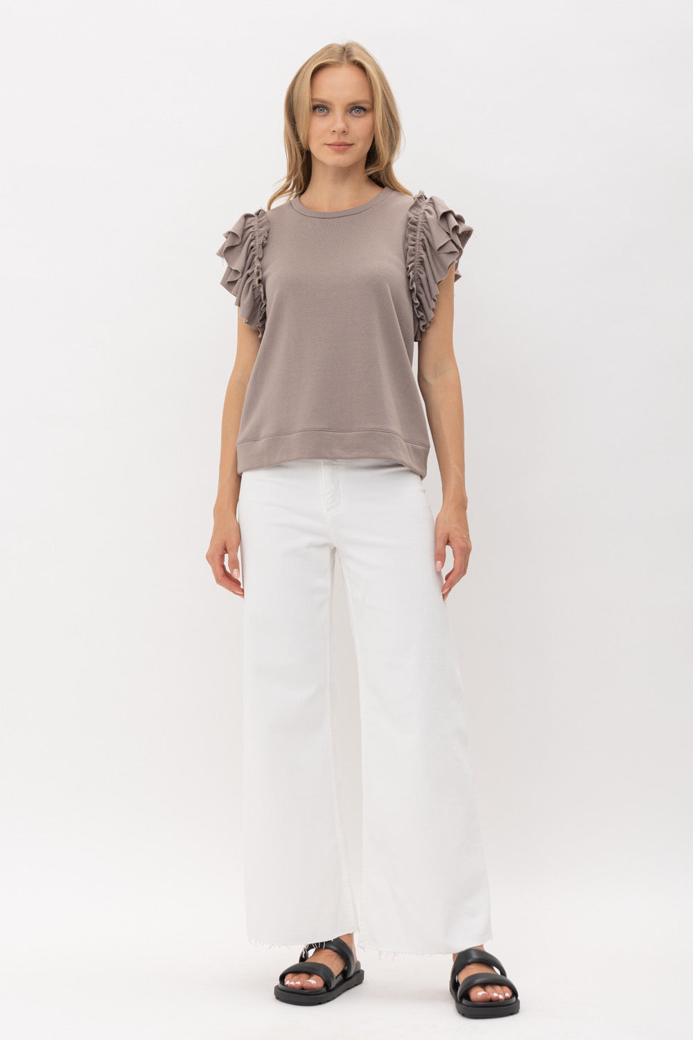 French Terry Ruffle Shoulder Sleeveless Top 3 colors Available