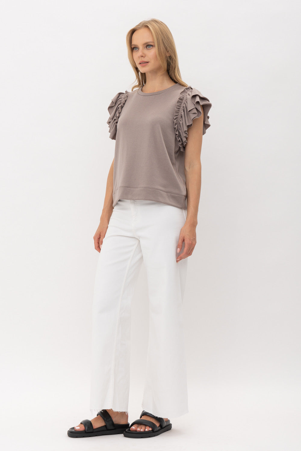 French Terry Ruffle Shoulder Sleeveless Top 3 colors Available