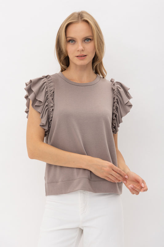 French Terry Ruffle Shoulder Sleeveless Top 3 colors Available