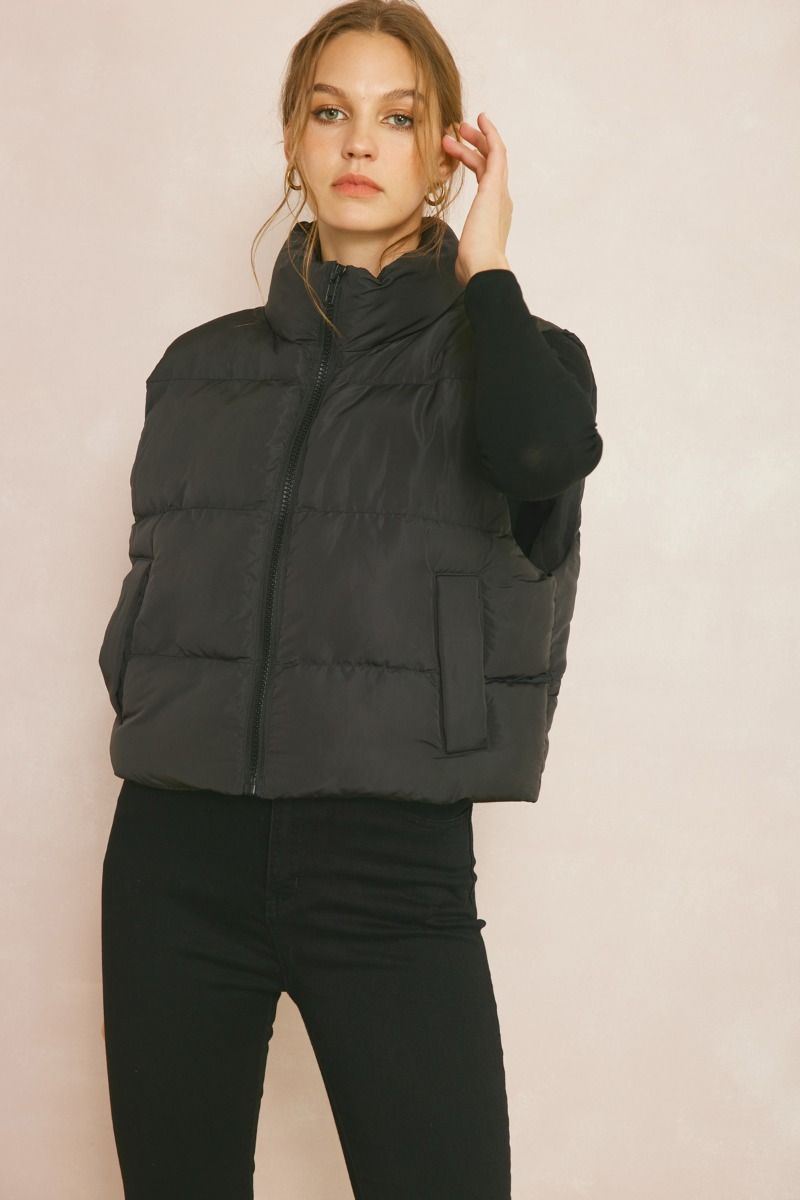 Cropped Puff Vest- Black