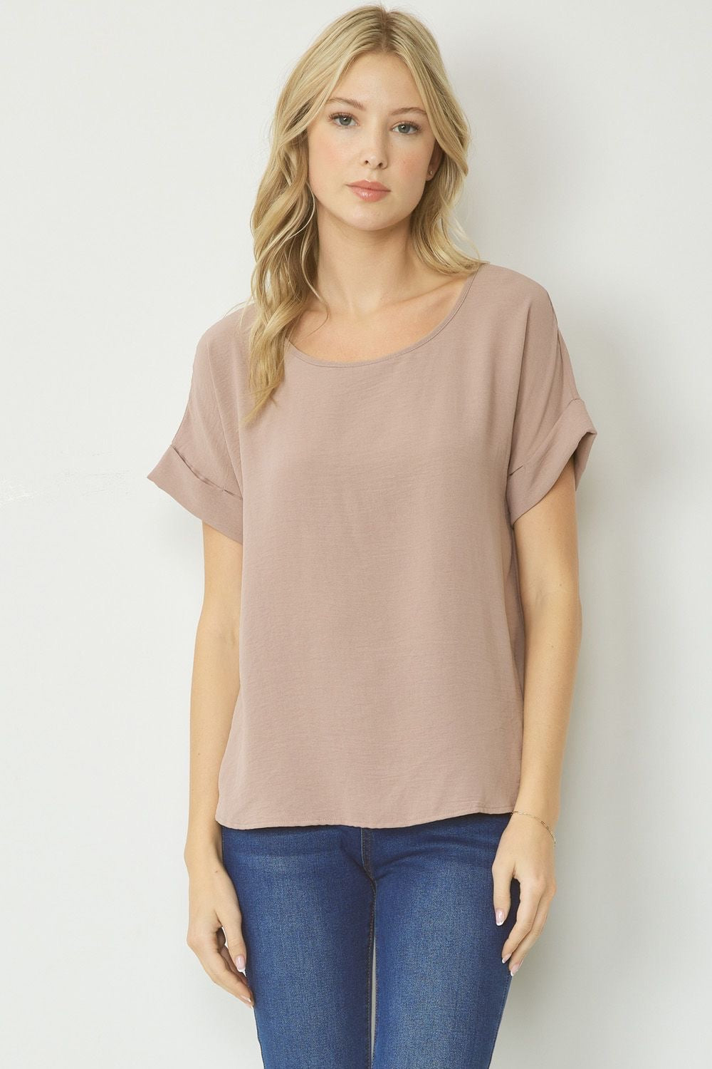 Entro® Scoop-Neck Top With Rolled Sleeve Detail Available in Small to 2XL