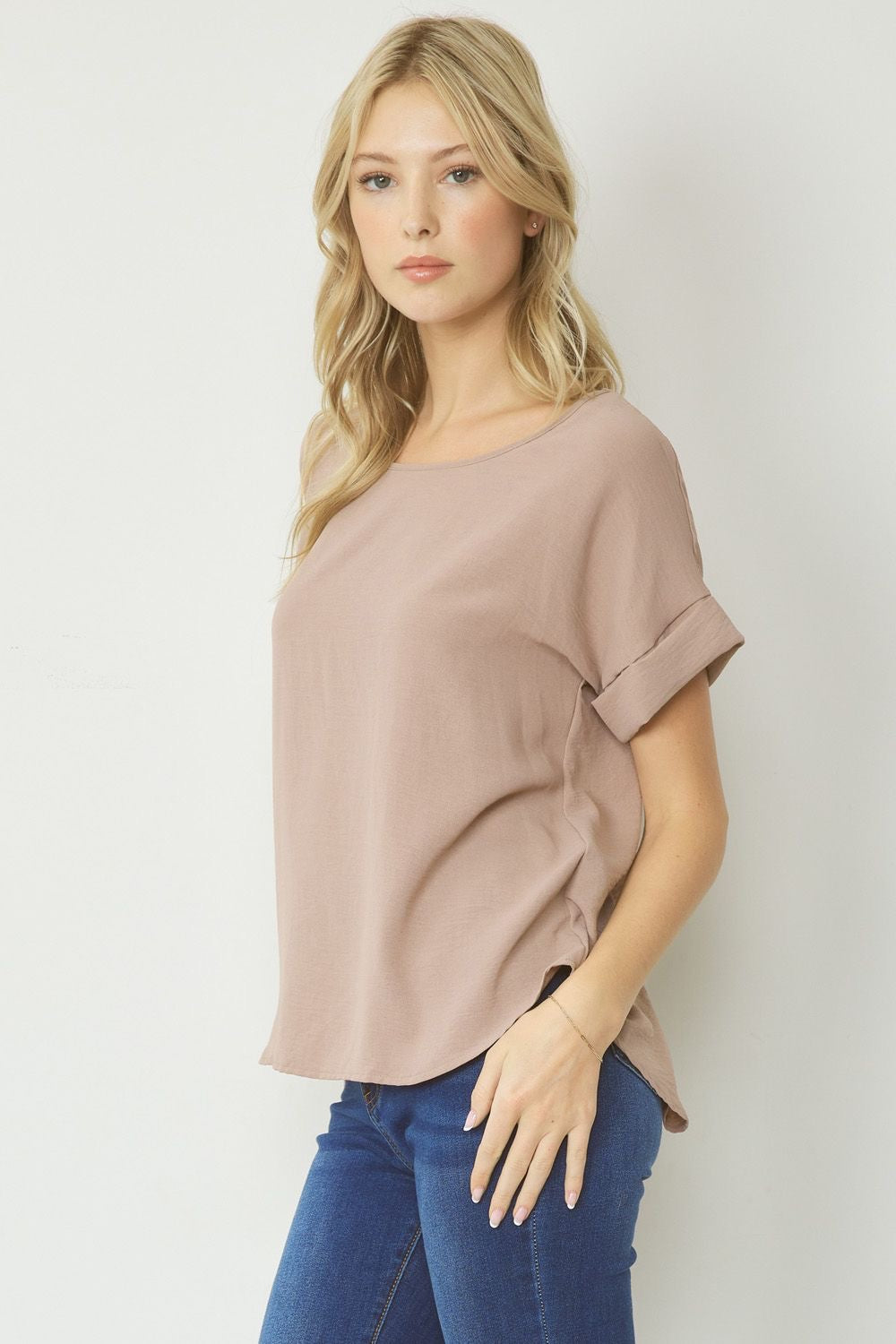 Entro® Scoop-Neck Top With Rolled Sleeve Detail Available in Small to 2XL