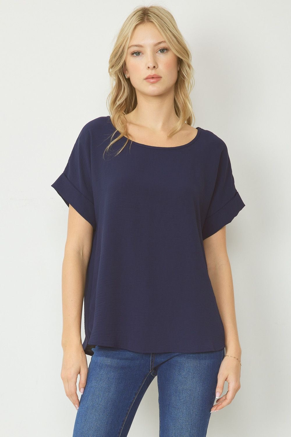 Entro® Scoop-Neck Top With Rolled Sleeve Detail Available in Small to 2XL