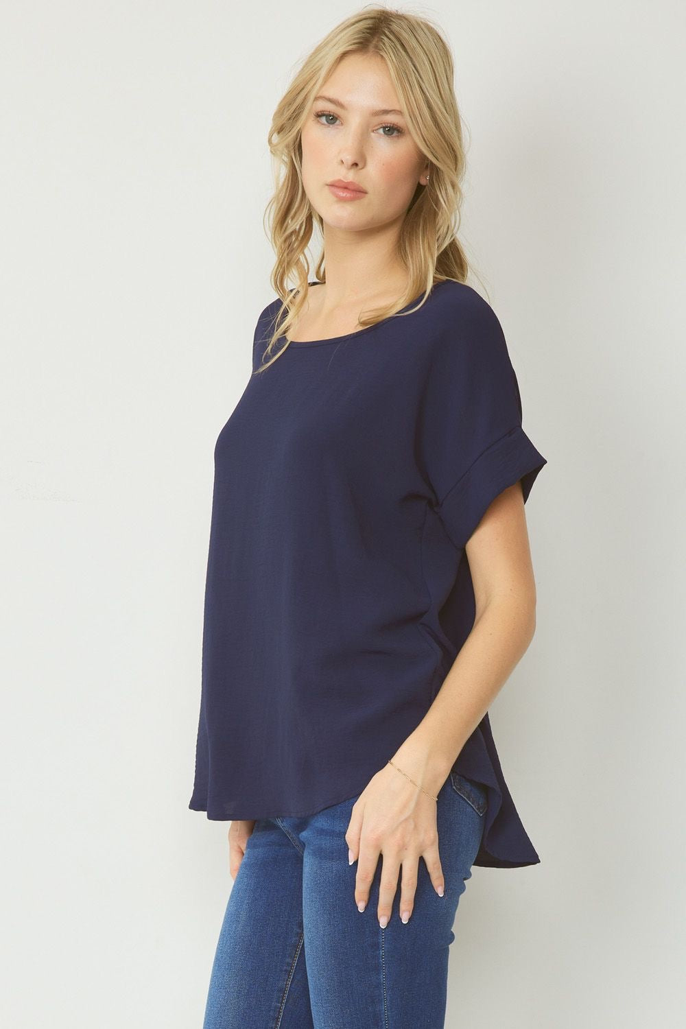 Entro® Scoop-Neck Top With Rolled Sleeve Detail Available in Small to 2XL