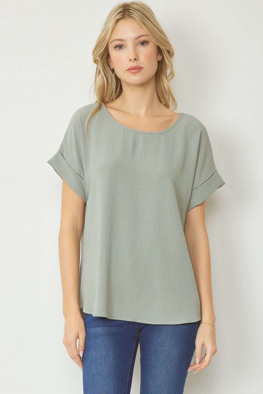 Entro® Scoop-Neck Top With Rolled Sleeve Detail Available in Small to 2XL