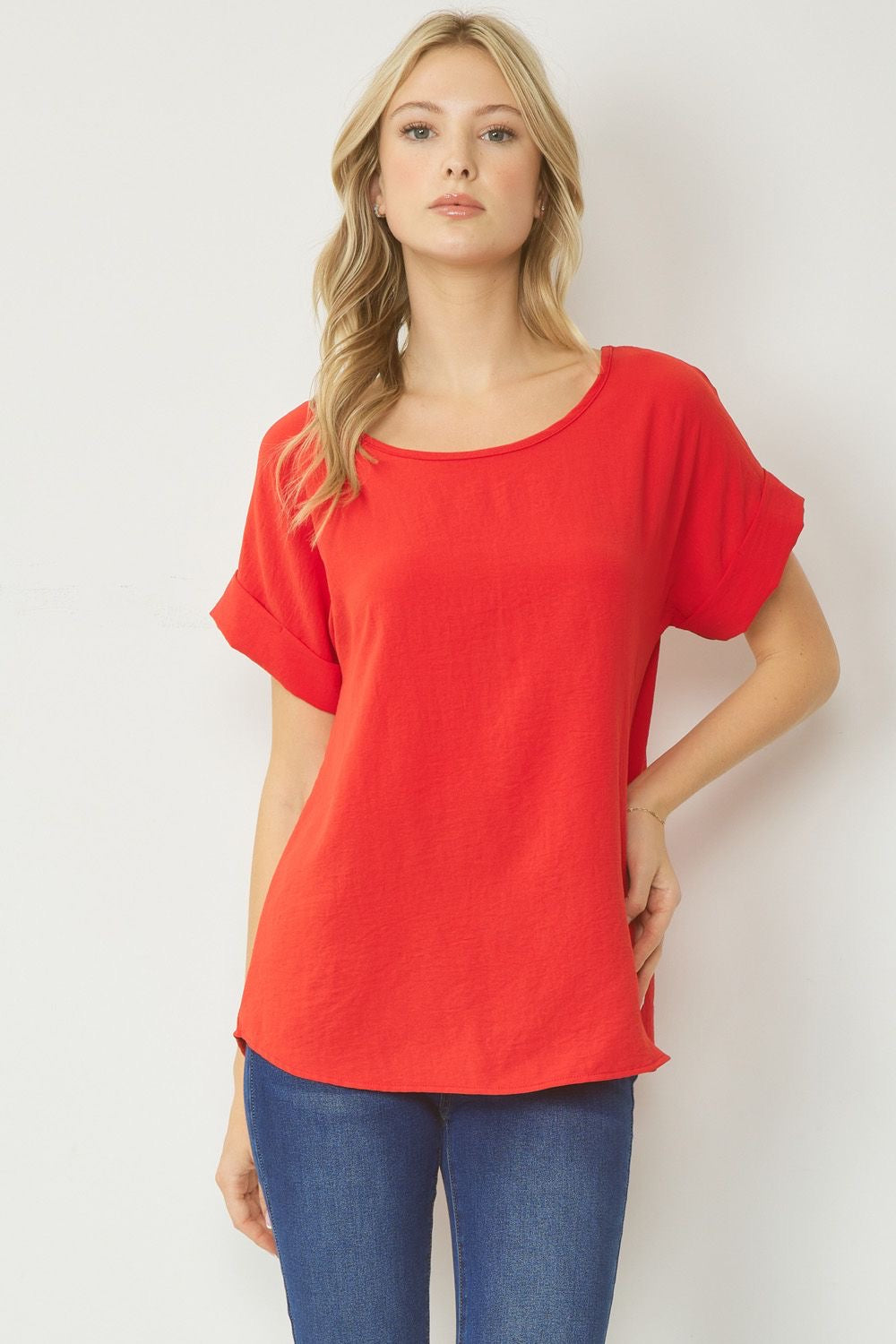 Entro® Scoop-Neck Top With Rolled Sleeve Detail Available in Small to 2XL