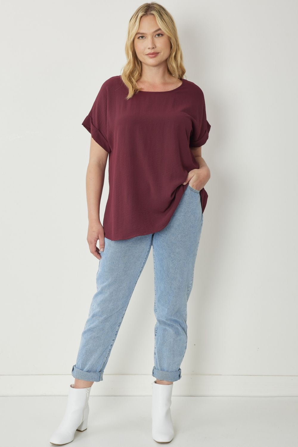 Entro® Scoop-Neck Top With Rolled Sleeve Detail Available in Small to 2XL