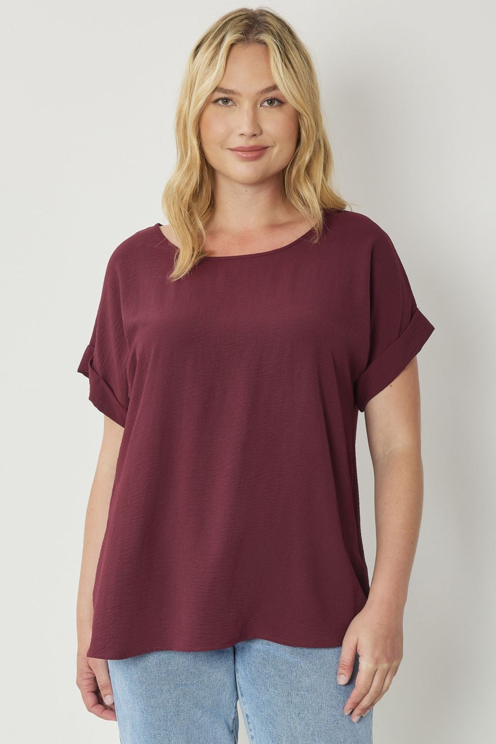 Entro® Scoop-Neck Top With Rolled Sleeve Detail Available in Small to 2XL