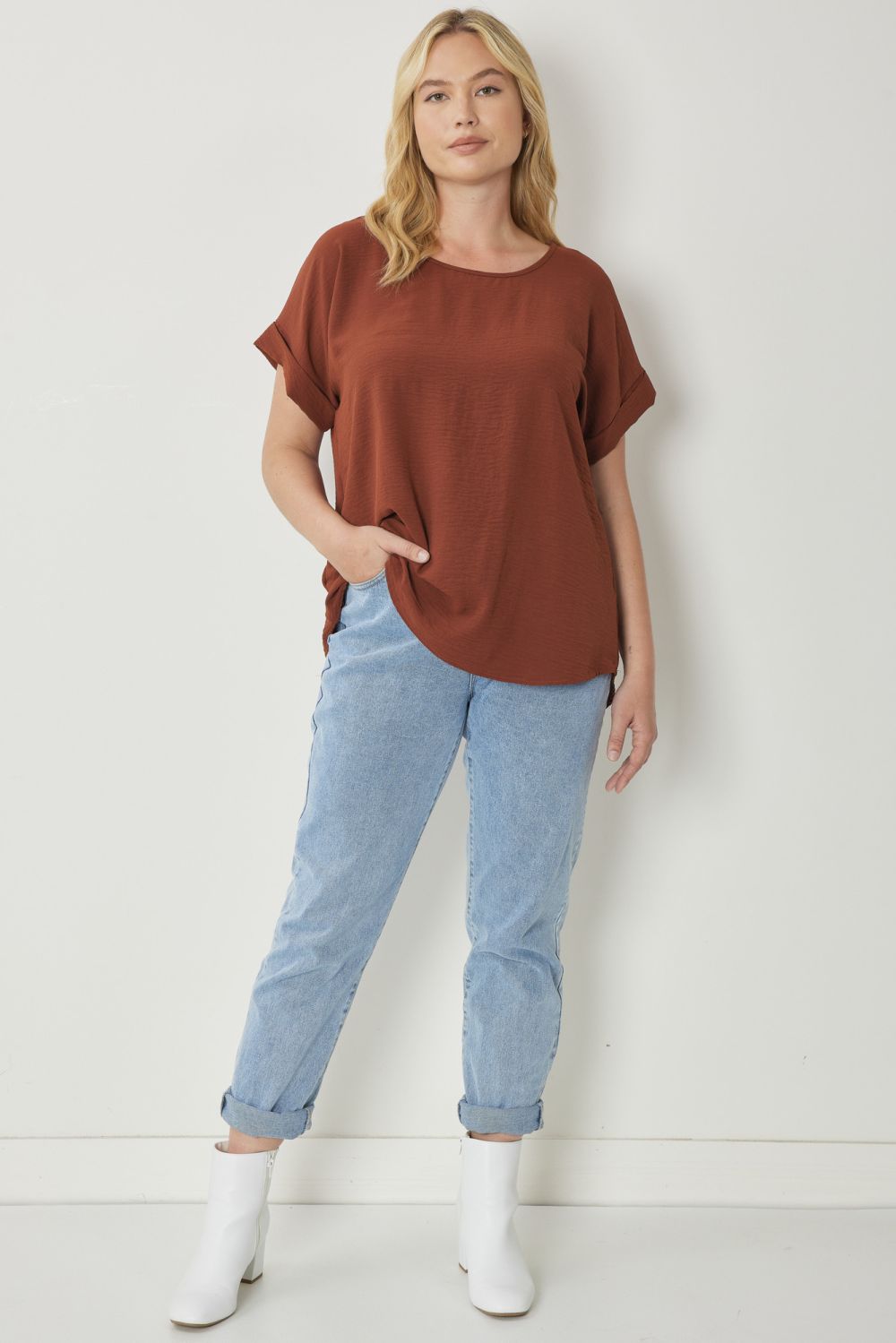 Entro® Scoop-Neck Top With Rolled Sleeve Detail Available in Small to 2XL