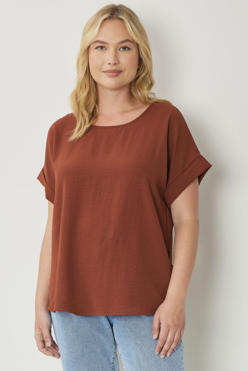 Entro® Scoop-Neck Top With Rolled Sleeve Detail Available in Small to 2XL