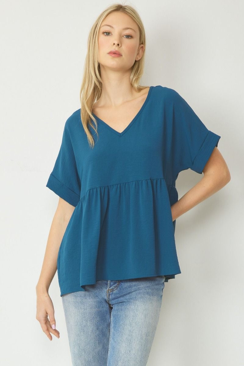 Entro® V-Neck Baby Doll Top with Cuffed Sleeve Detail