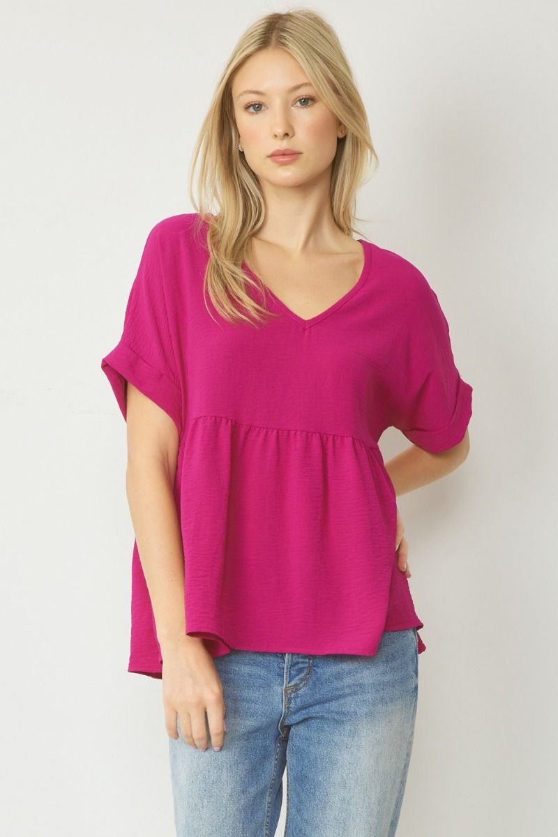 Entro® V-Neck Baby Doll Top with Cuffed Sleeve Detail