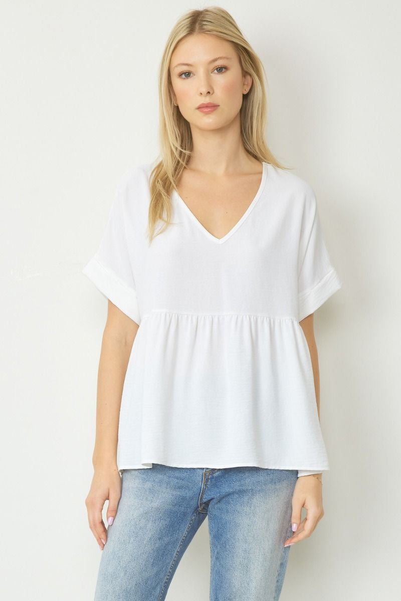 Entro® V-Neck Baby Doll Top with Cuffed Sleeve Detail