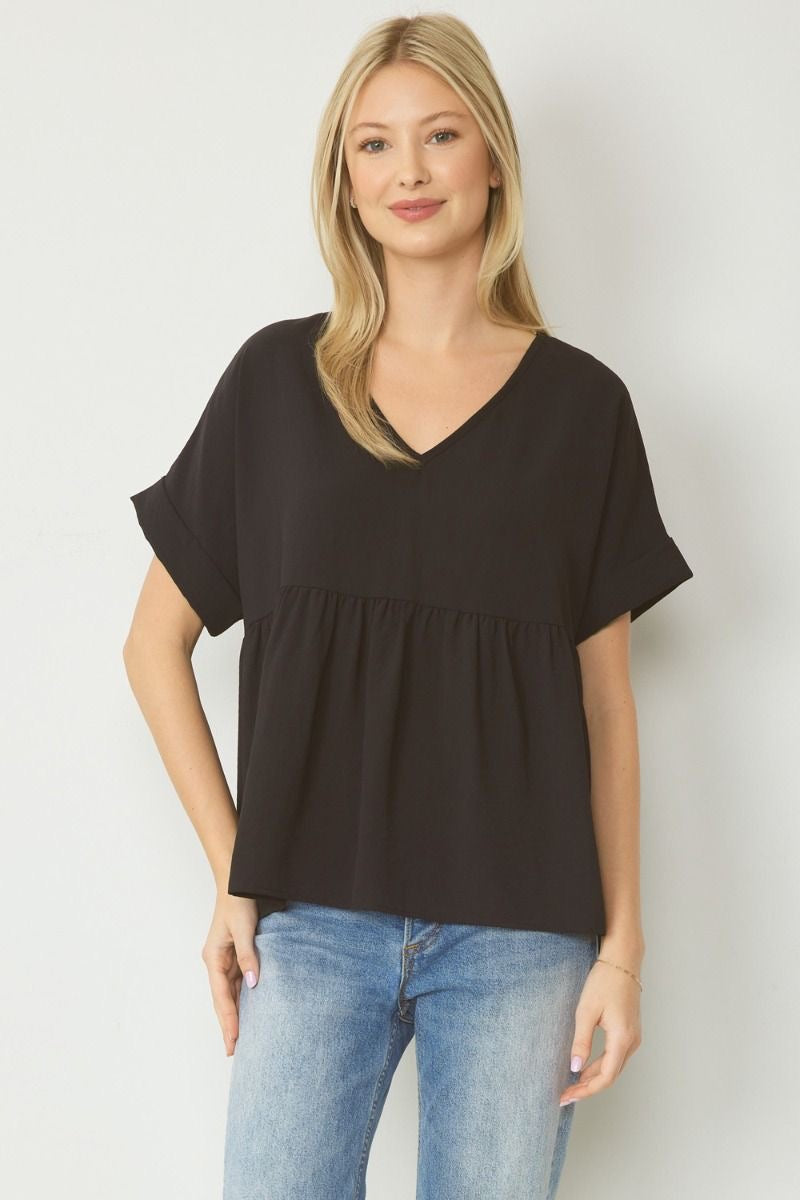 Entro® V-Neck Baby Doll Top with Cuffed Sleeve Detail