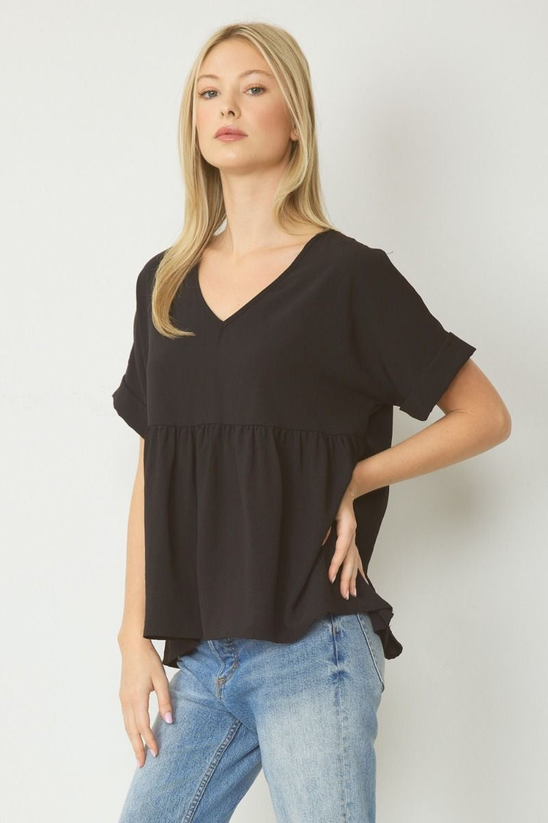 Entro® V-Neck Baby Doll Top with Cuffed Sleeve Detail